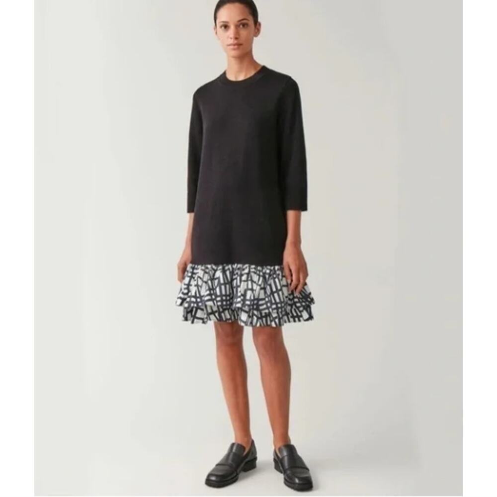 COS Knitted Dress w/ Woven Pleats Ruffle Hem Black White Drop Waist‎ XS